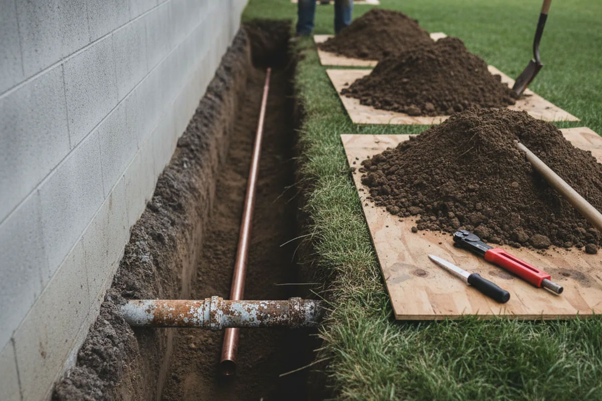 Excavated water line trench during Water Heater Repair in Hull